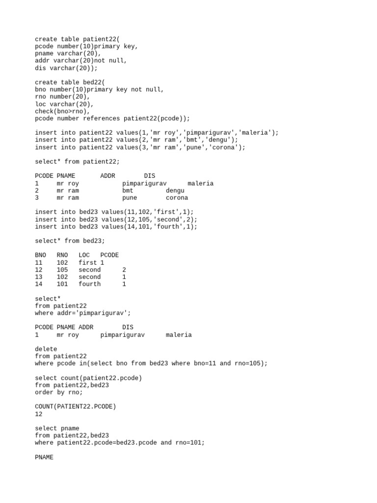 Patient and Bed Management SQL Queries | PDF | Computers | Technology ...