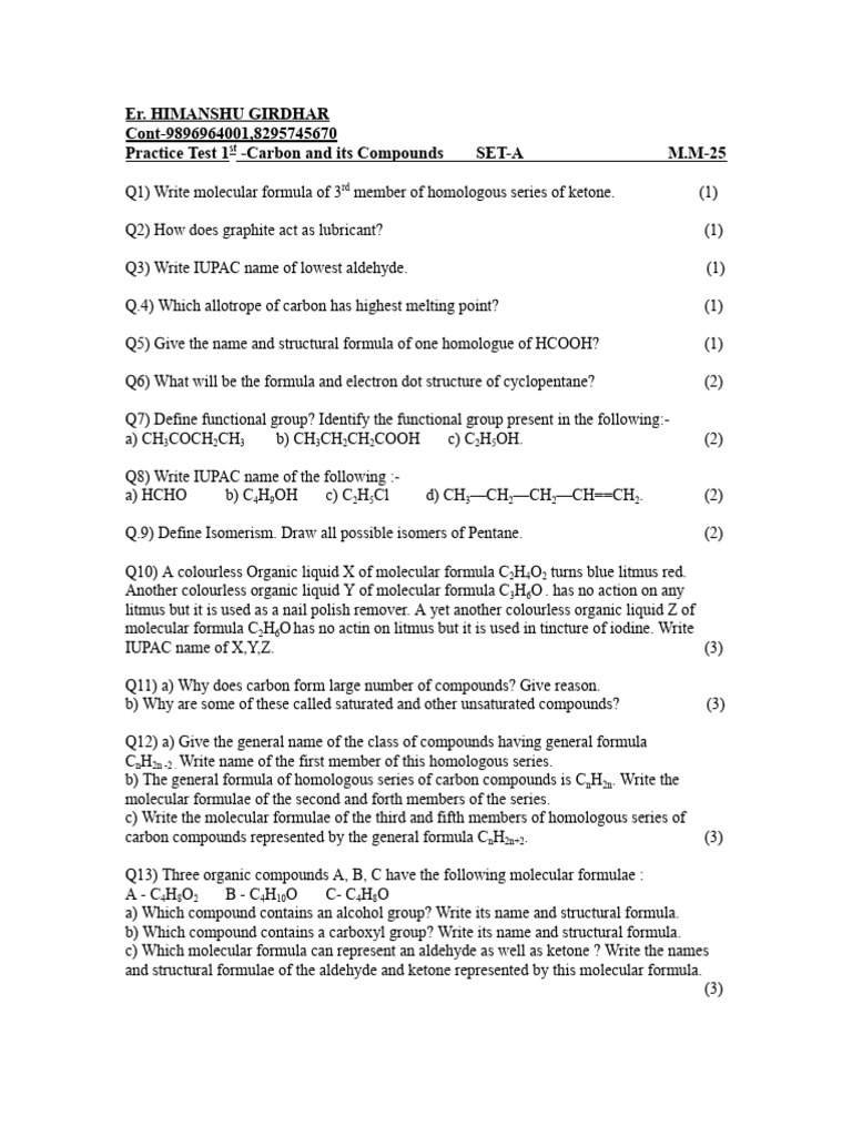 Carbon Compounds Practice Test | PDF | Ketone | Organic Chemistry