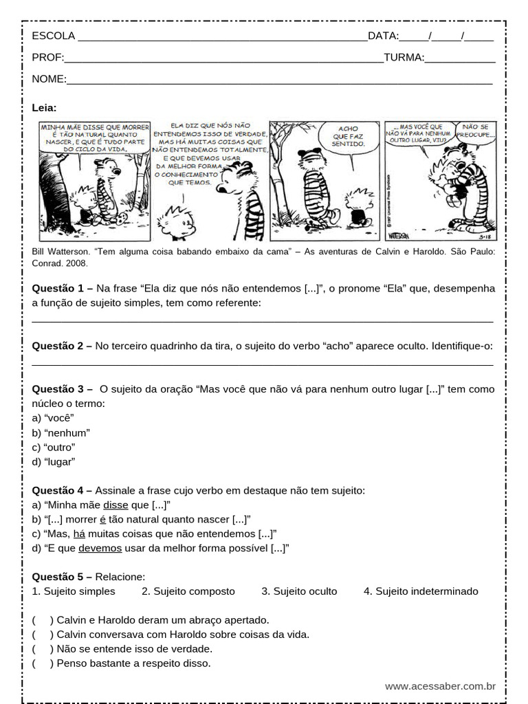 Oração sem Sujeito: Exercícios 8º Ano | PDF