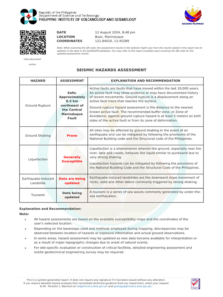 Boac Hazard Assessment Report | PDF | Landslide | Storm Surge