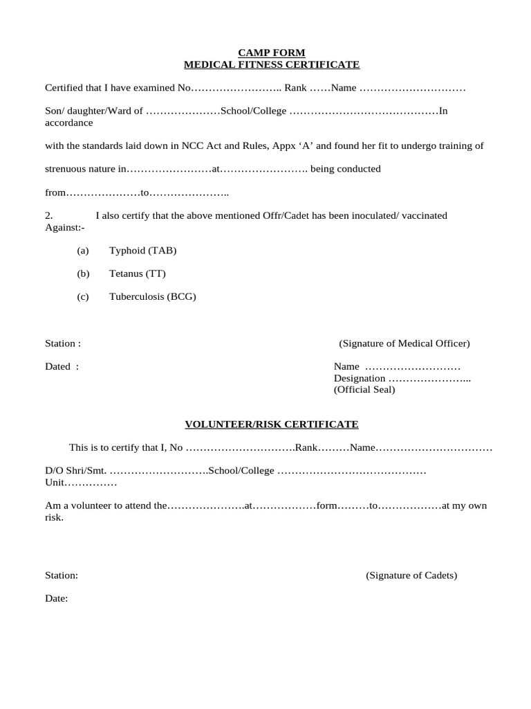 NCC Camp Participation Form | PDF | Vaccination