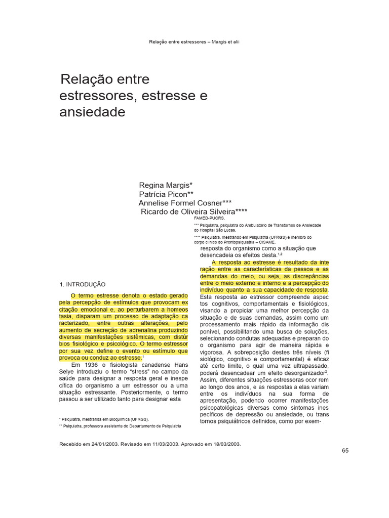 Estressores e sua relação com ansiedade | PDF | Estresse (Biologia ...
