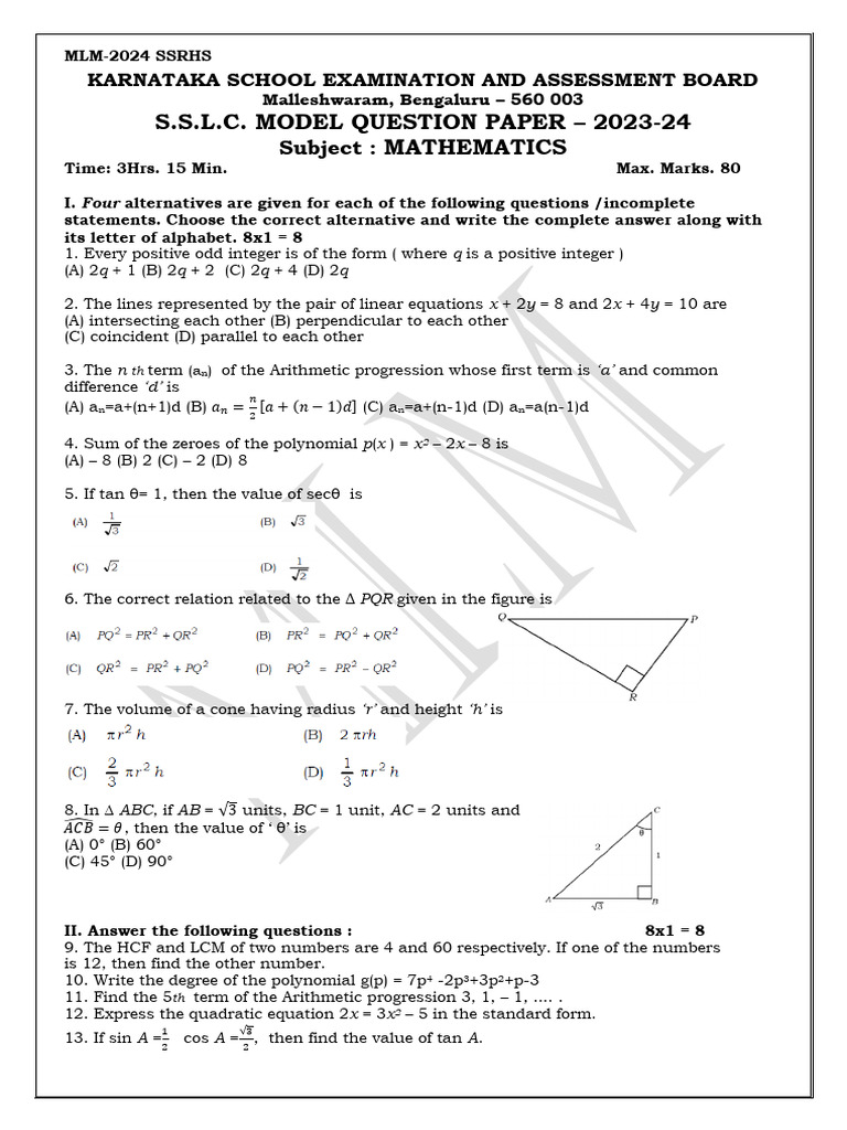 Grade 11 Maths Model Question Paper 2024 | PDF | Area | Triangle