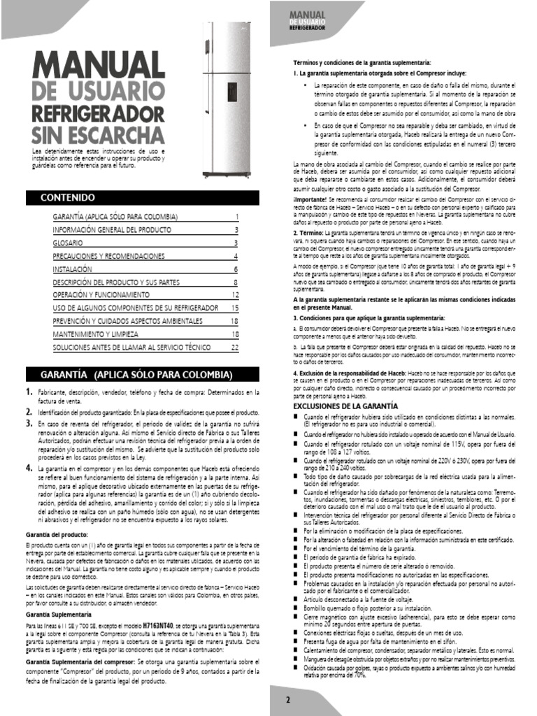 Manual de Usuario Nevera Haceb H7163NT40 | PDF | Refrigerador ...