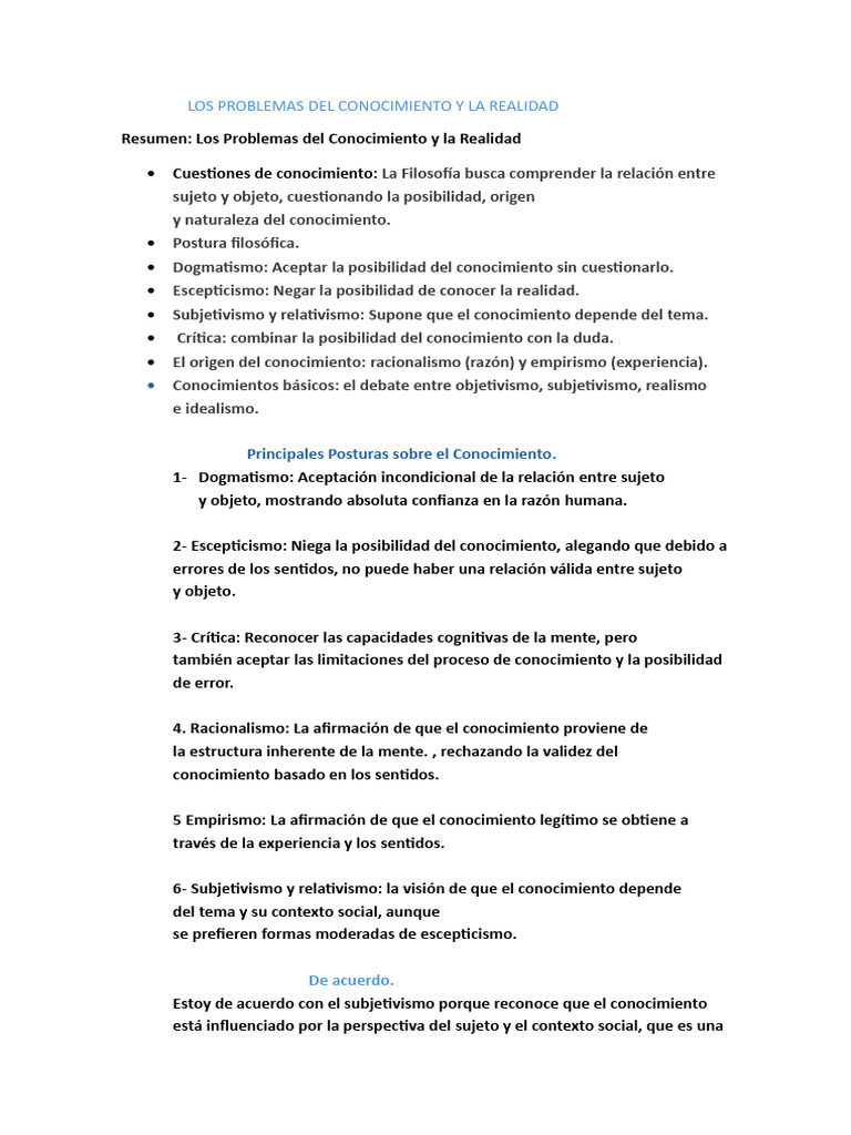 Los Problemas Del Conocimiento y La Realidad | PDF | Conocimiento ...