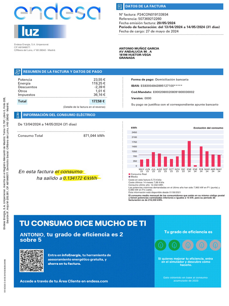 Factura de electricidad de Endesa 2024 | PDF | Poder (Física ...