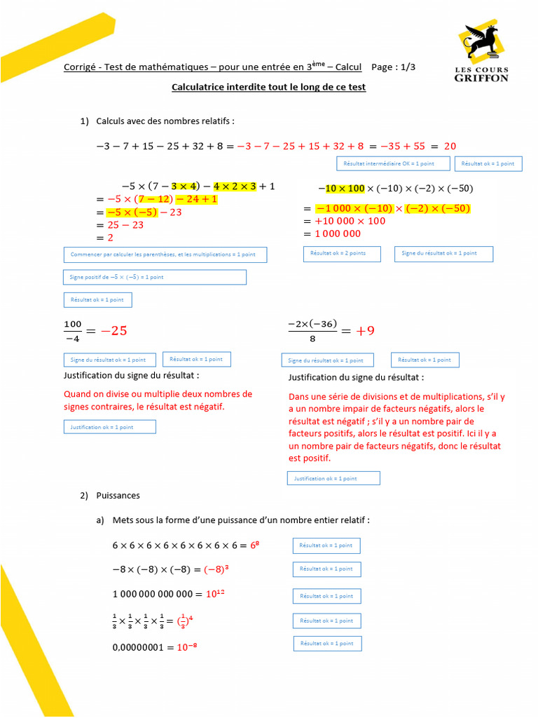 Corrigé du Test de Maths 3ème | PDF | Mathématiques | Arithmétique