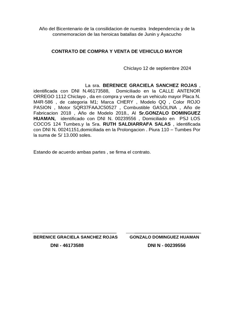 Contrado de Compra y Venta de Vehiculo | PDF