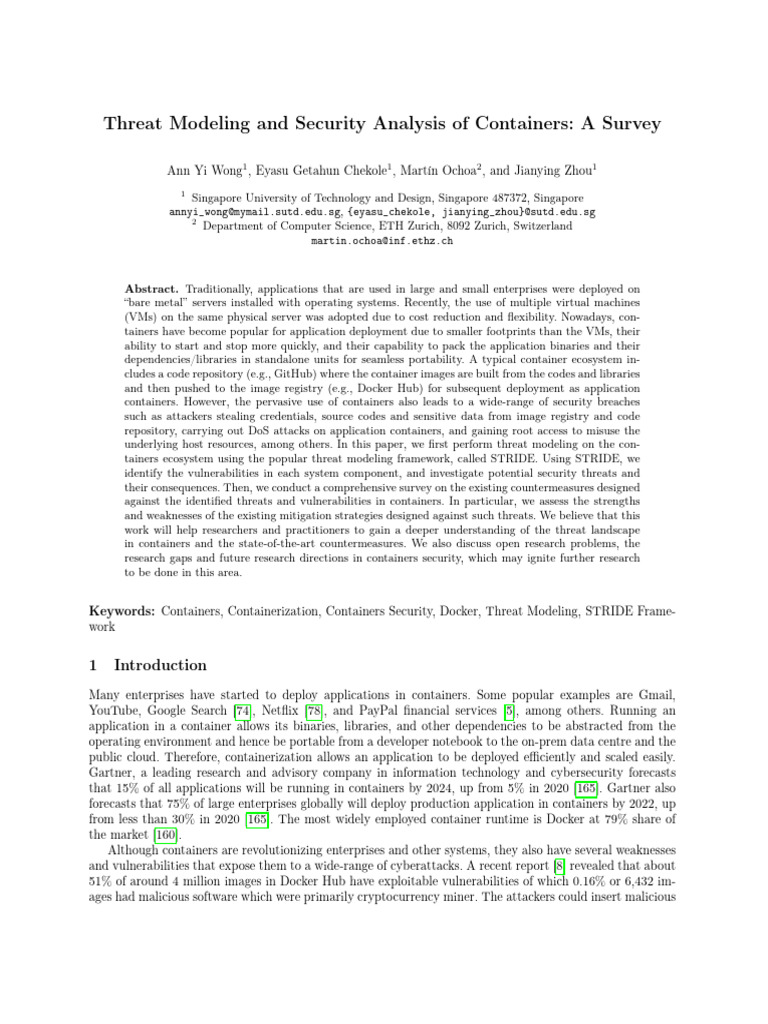 Threat Modeling and Security Analysis of Containers: A Survey | PDF ...