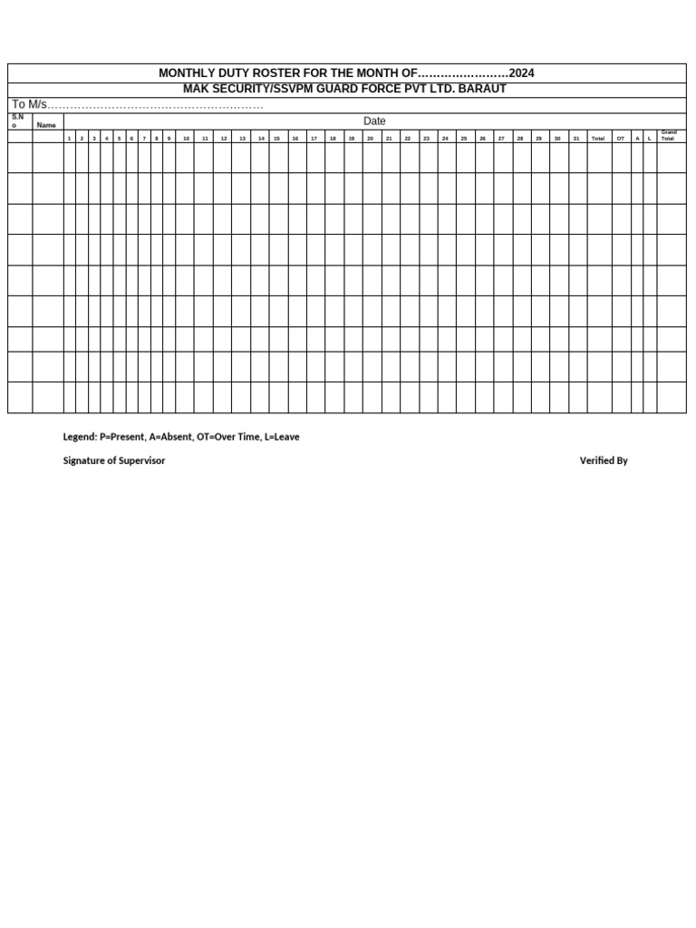 Monthly Duty Roster - March 2024 | PDF