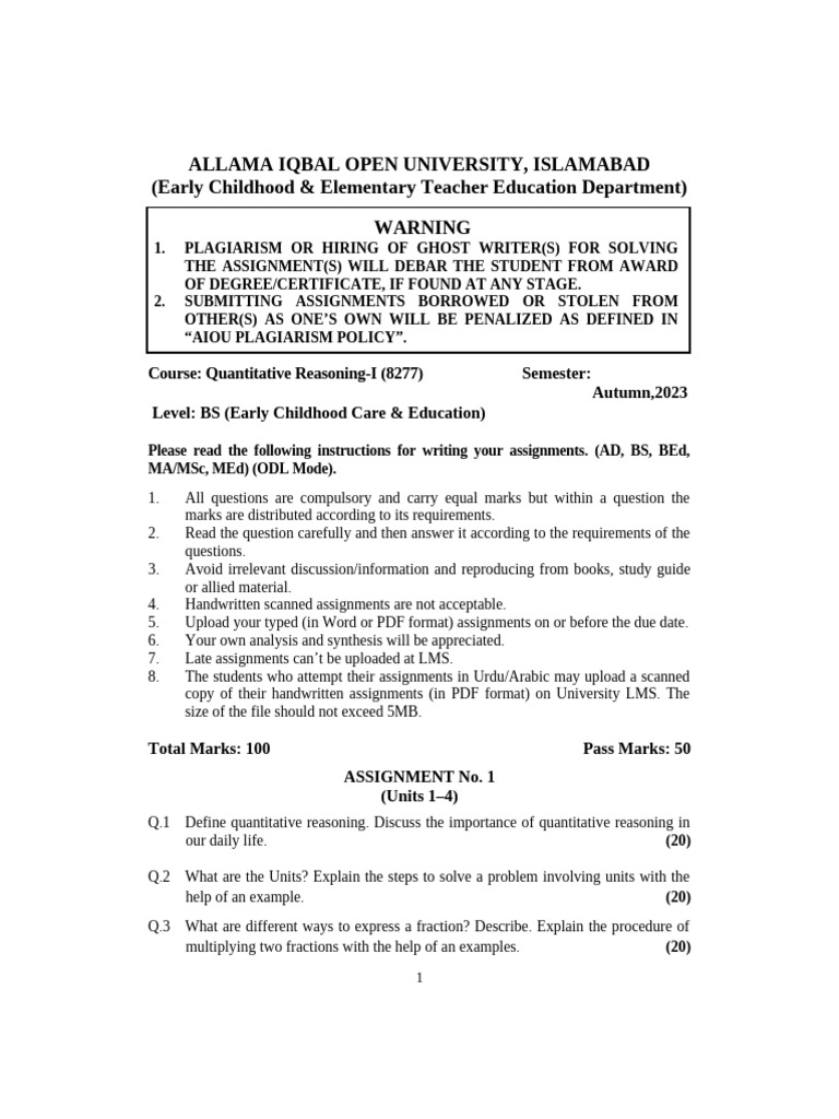 AIOU Quantitative Reasoning Assignment Guide | PDF | Mathematics