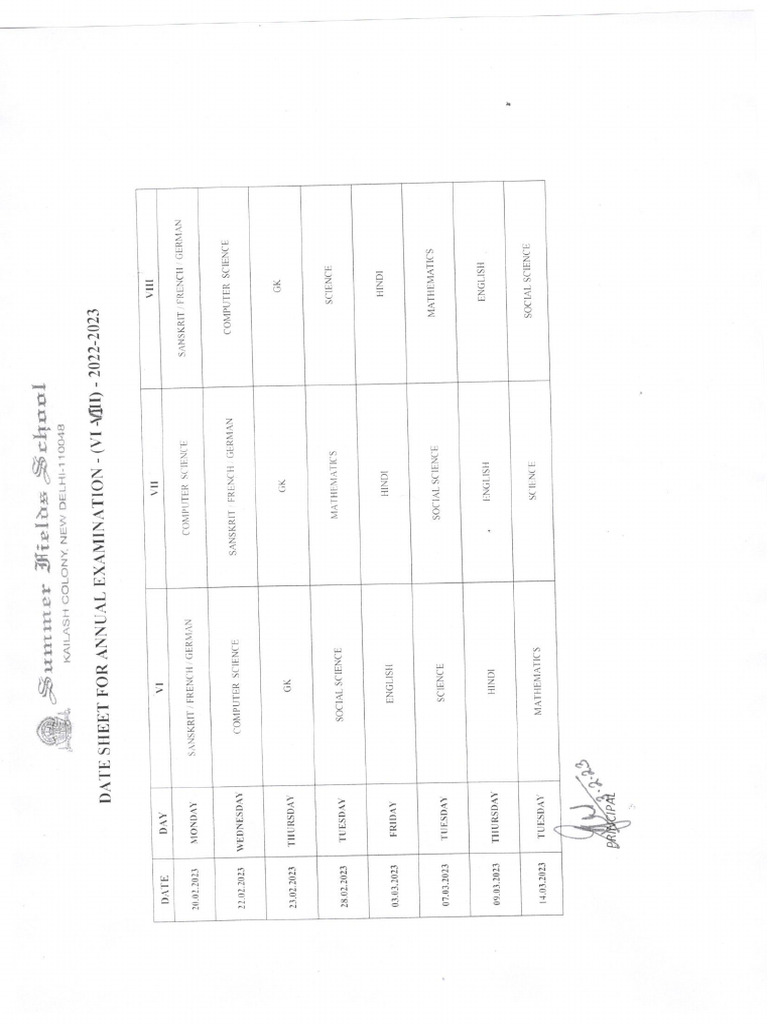 Date sheet class 7 pdf