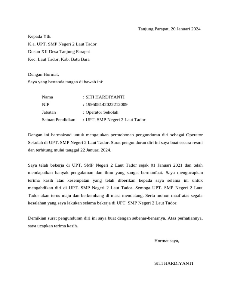 Pengunduran Diri Operator SMP Laut Tador | PDF | Kesehatan Holistik