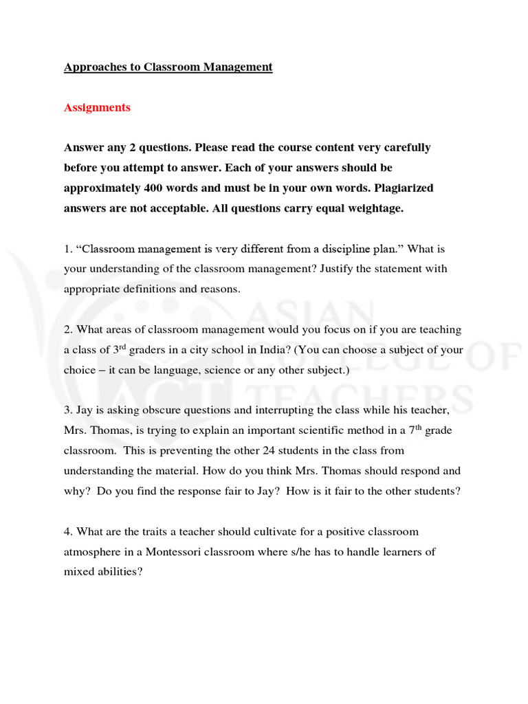 Approaches To Classroom Management Assignment (1) 4 | PDF