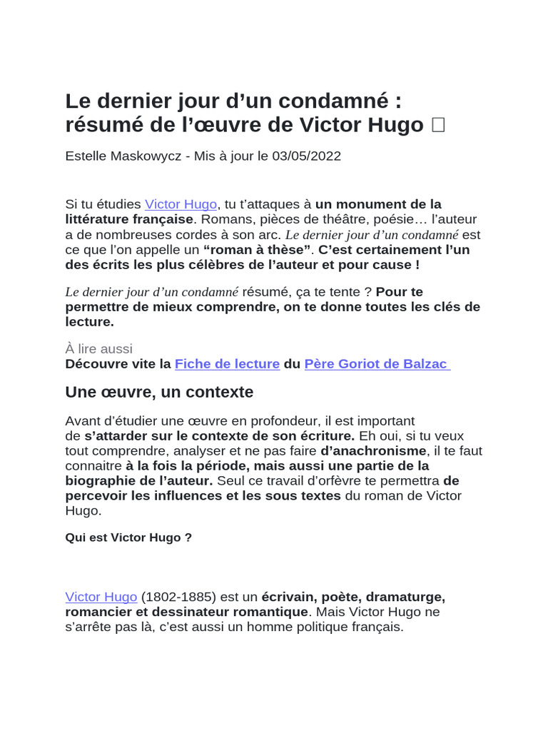 Résumé du Dernier Jour d'un Condamné | PDF | Victor Hugo
