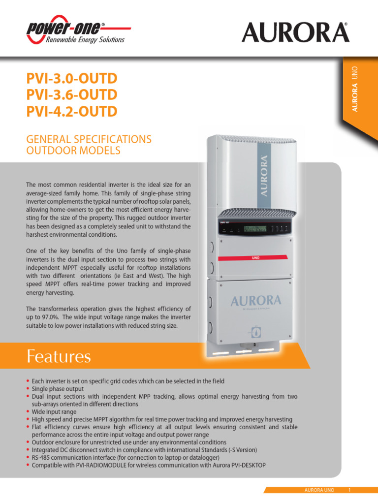Aurora PVI Outdoor Inverter Specs | PDF | Power Engineering ...