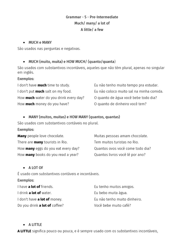 Uso de Much, Many, A Lot, A Little e A Few | PDF