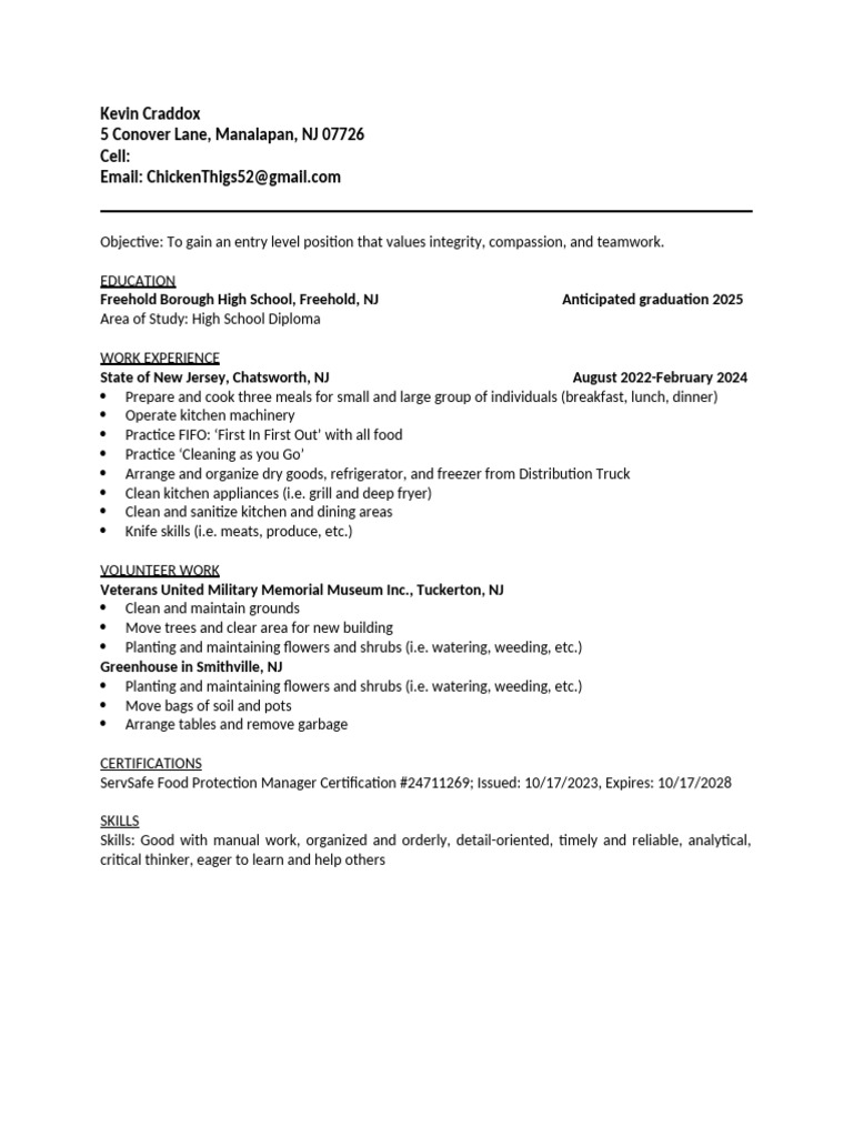 Kevin Craddox: Entry-Level Culinary CV | PDF