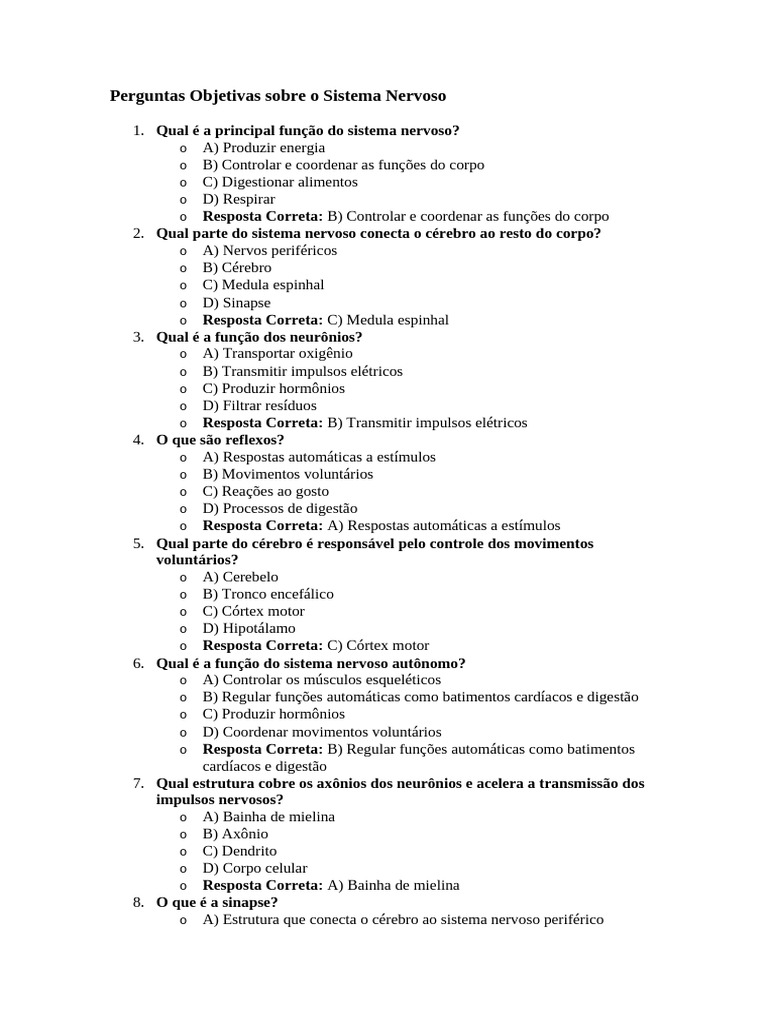 Perguntas sobre o Sistema Nervoso | PDF | Cérebro | Nervo