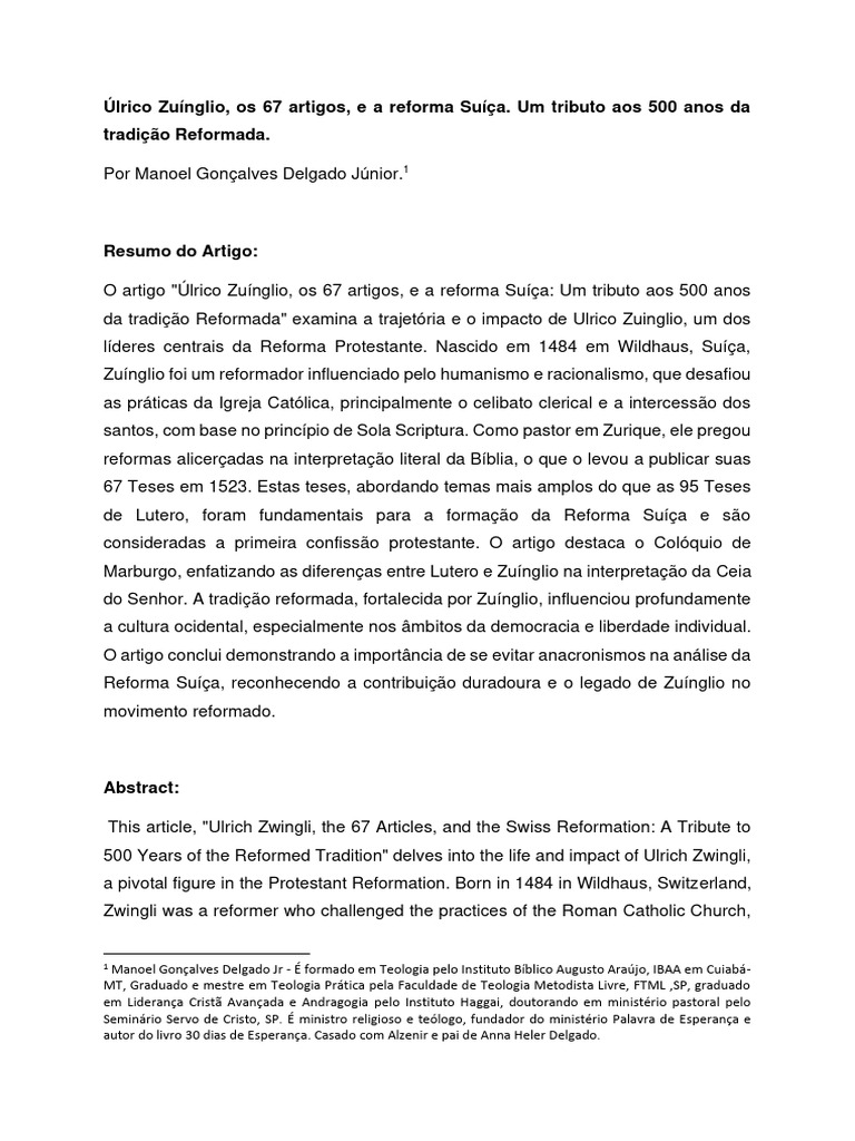 Ulrico Zuinglio Os 67 Artigos e A Reform | PDF | Protestantismo ...
