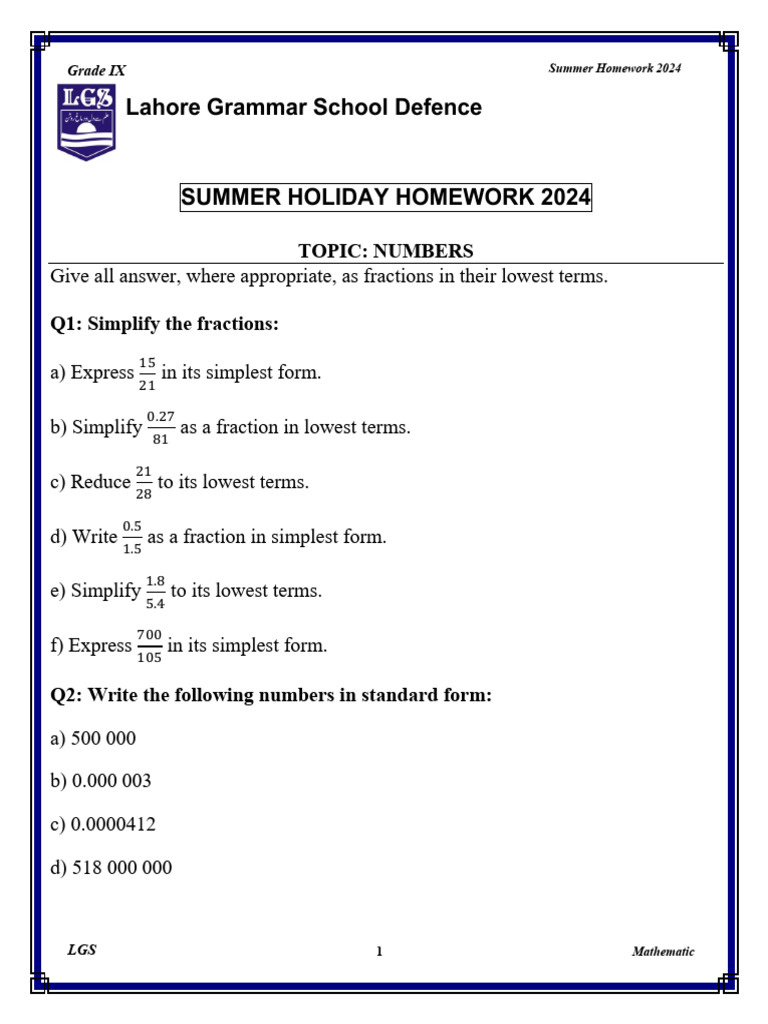 GRADE IX Math (Homework 2024) | PDF | Numbers | Division (Mathematics)