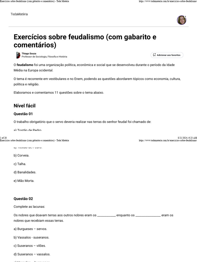 Exercícios sobre Feudalismo com Gabarito | PDF | Feudalismo | Servidão