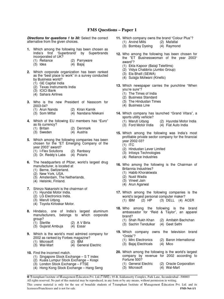 FMS Questions - Paper 1: Directions For Questions 1 To 30: Select The ...
