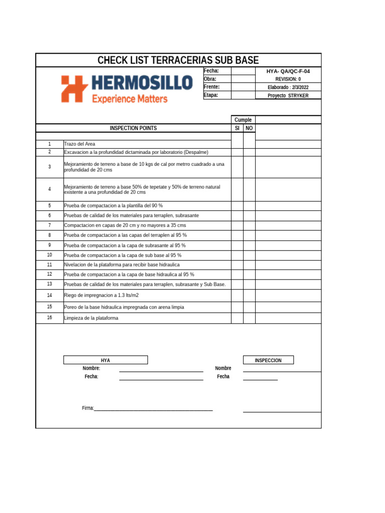 Check List Terracerias Sub Base | PDF