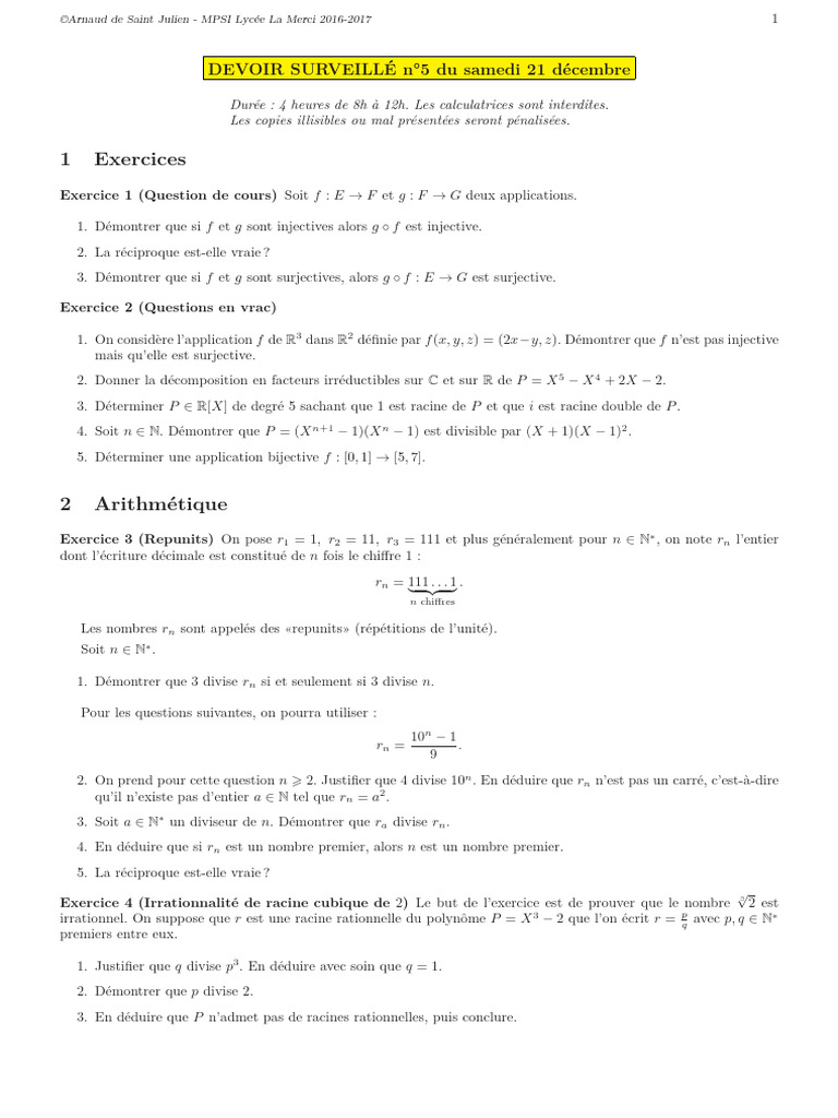 Devoir Surveillé MPSI : Fonctions et Arithmétique | PDF | Zéro d'une ...