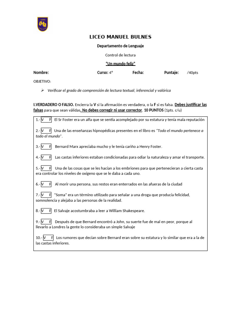 Prueba Un Mundo Feliz (Sin Respuestas) | PDF