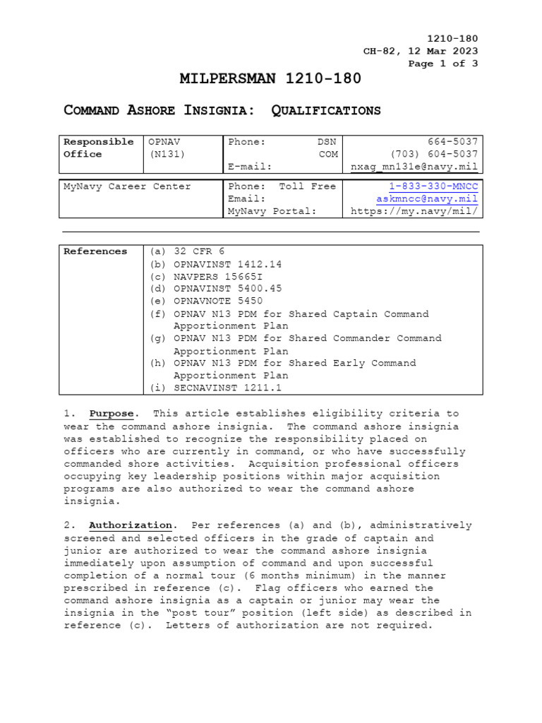 MILPERSMAN 1210-180 C A I: Q: Ommand Shore Nsignia Ualifications | PDF ...
