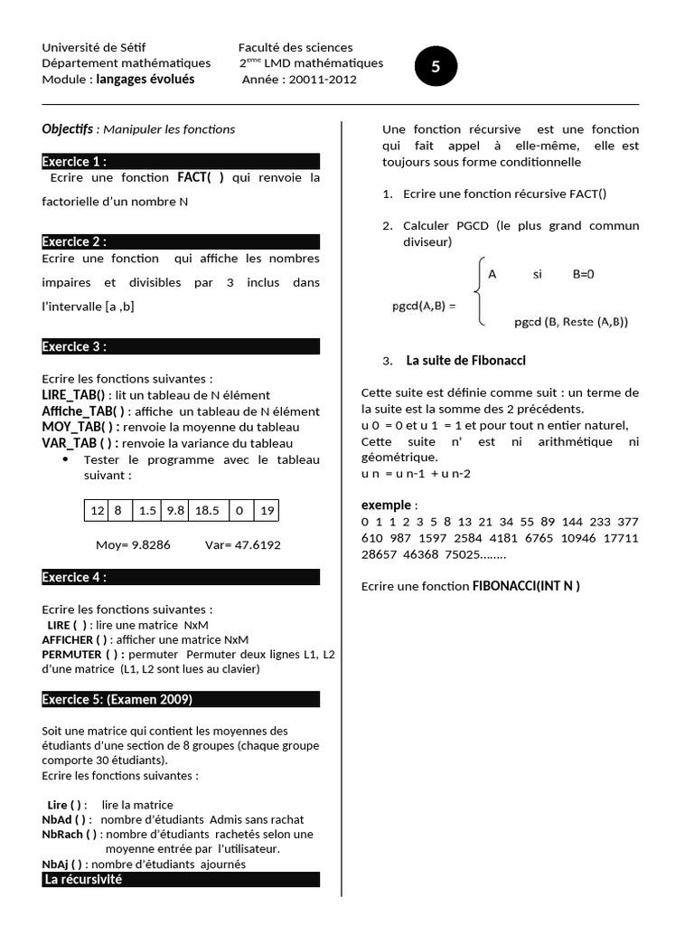Exercices de programmation en mathématiques | PDF | Arithmétique ...