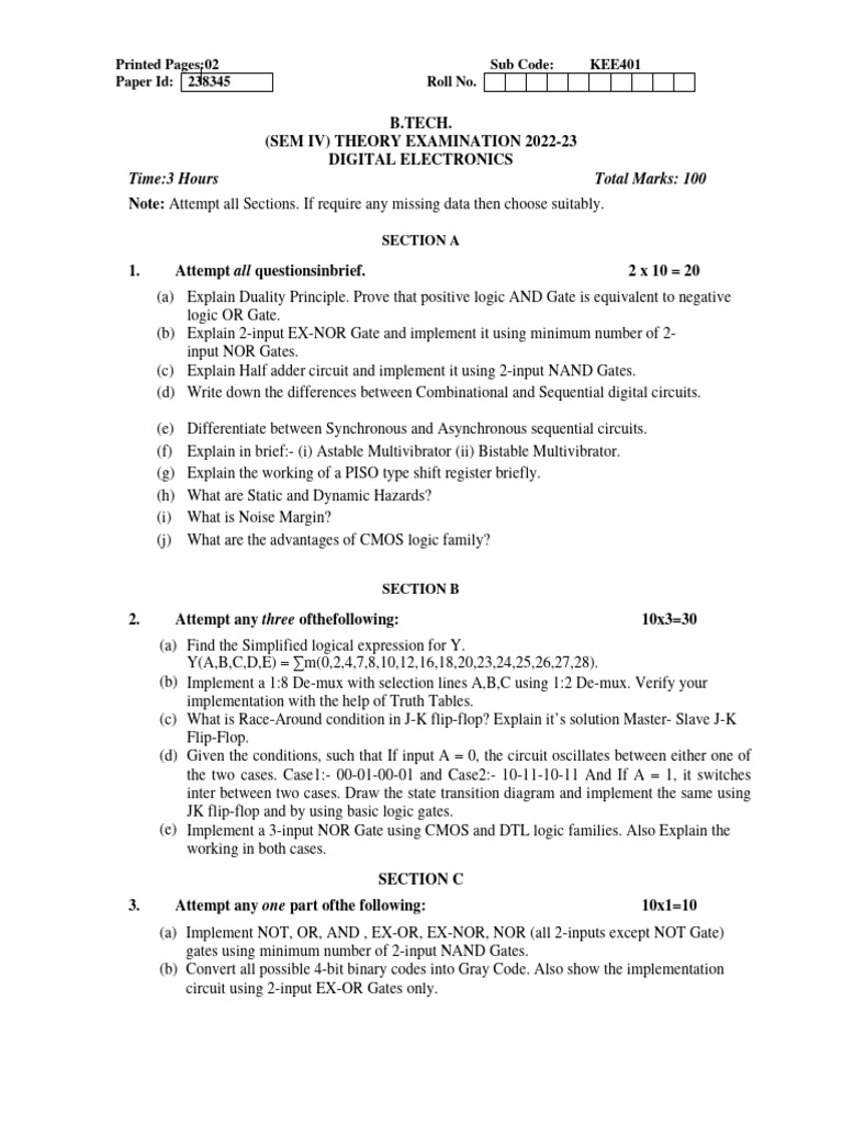 B.Tech Digital Electronics Exam Paper | PDF | Logic Gate | Digital ...