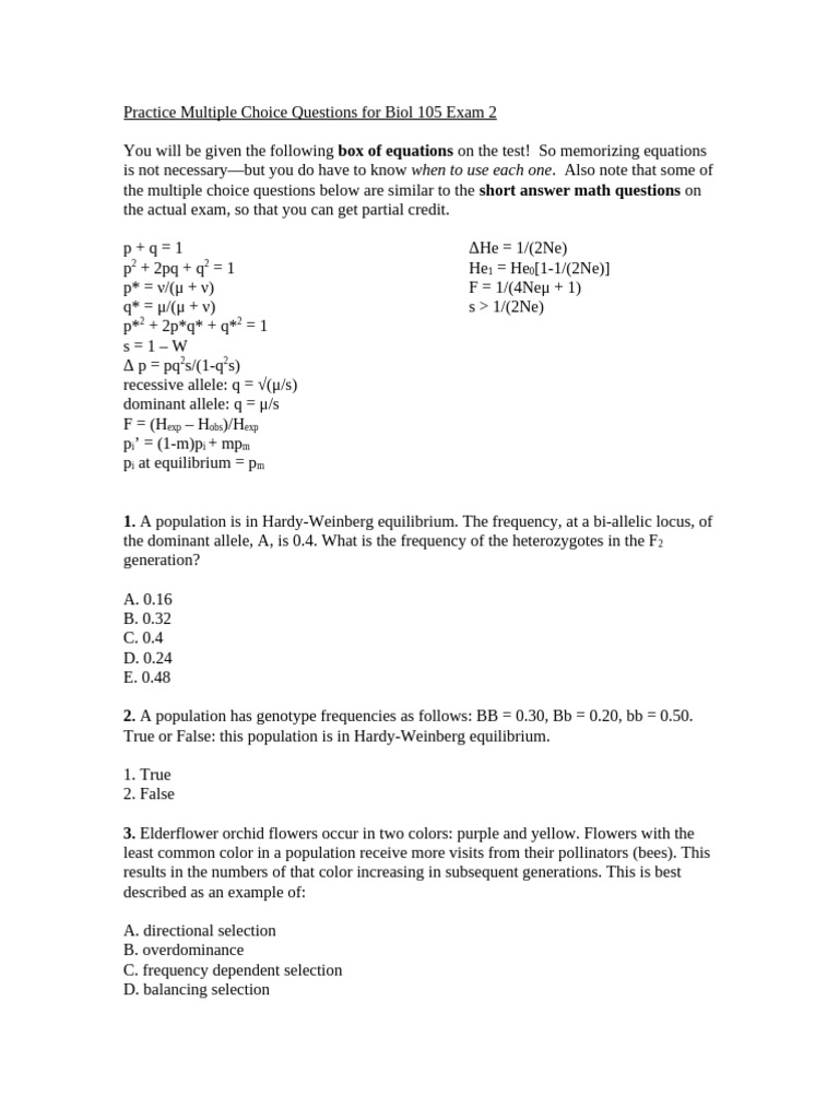 Practice Multiple Choice Questions For Biol 105 Exam 2 - S24 | PDF ...