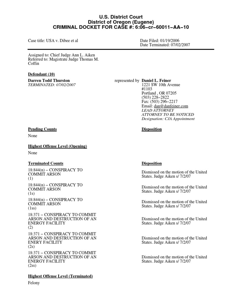 U.S. District Court District of Oregon (Eugene) CRIMINAL DOCKET FOR ...