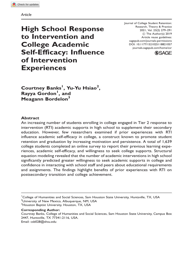 High School Response To Intervention and College Academic Self-Efficacy ...