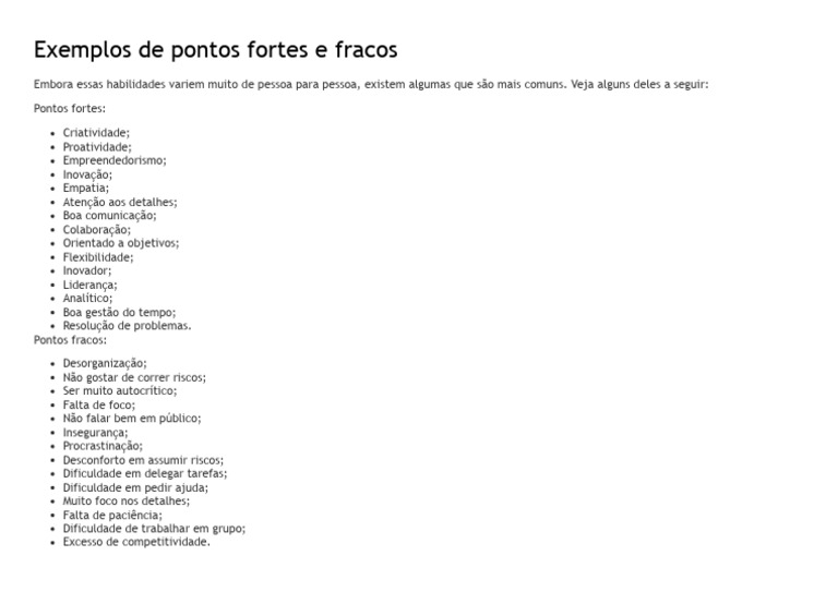 Exemplos de Pontos Fortes e Pontos Fracos para Usar Na Entrevista | PDF ...