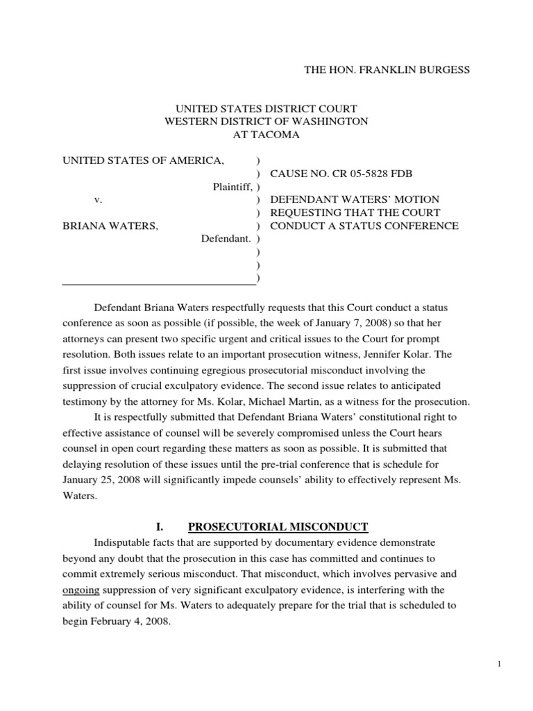 Briana Waters' Motion for Status Conference | PDF | Prosecutor | Fraud