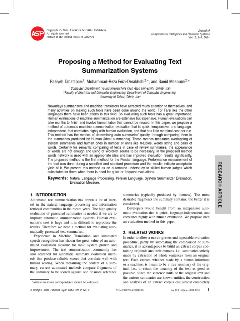 Proposing A Method For Evaluating Text Summarization Systems | PDF ...