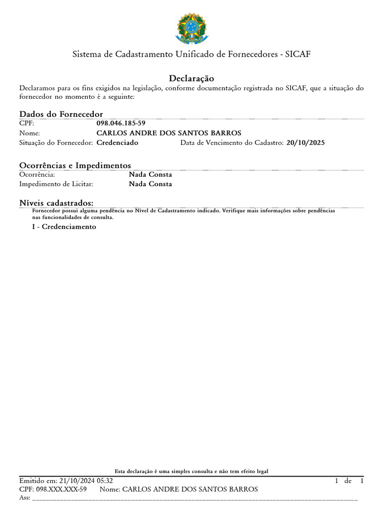 Sistema de Cadastramento Unificado de Fornecedores - SICAF: Declaração ...