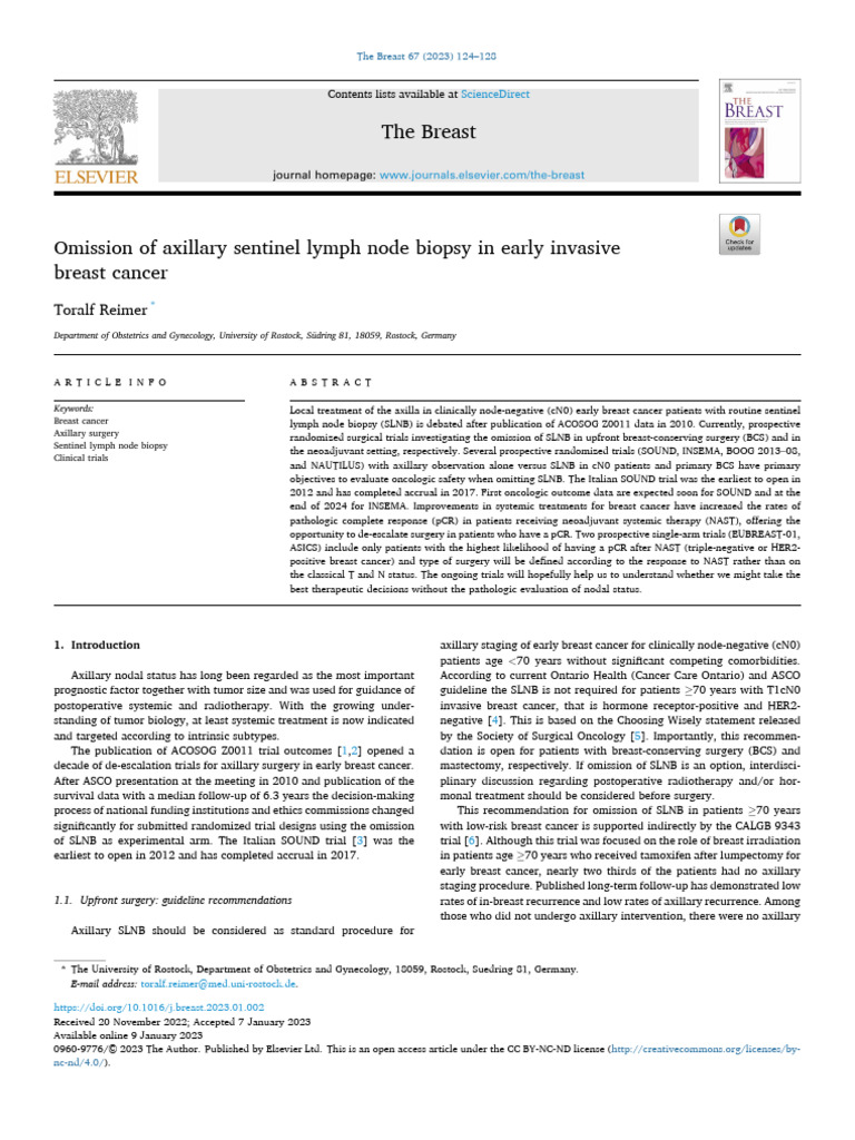 Omission of Axillary Sentinel Lymph Node Biopsy in Early Invasi - 2023 ...