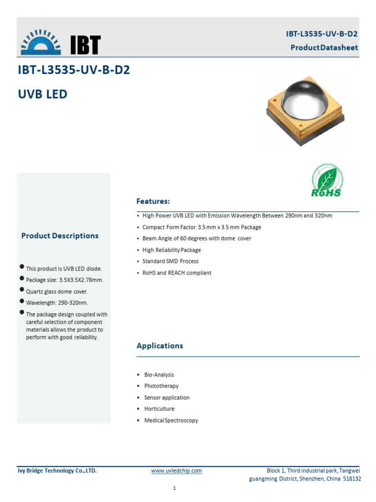 IBT-L3535 UVB LED Product Overview | PDF | Electrostatic Discharge ...