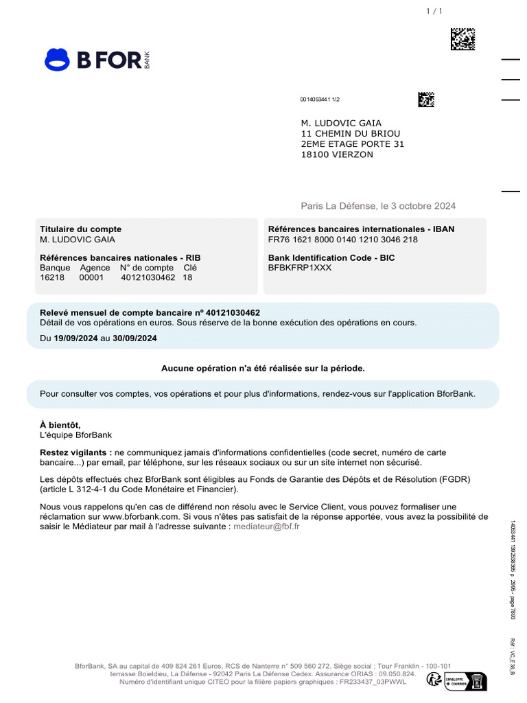 Relevé de Compte BforBank - Octobre 2024 | PDF | Banques | Argent