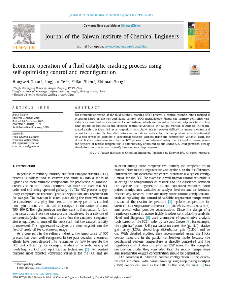 Economic Operation of A Fluid Catalytic Cracking Process Using Self ...