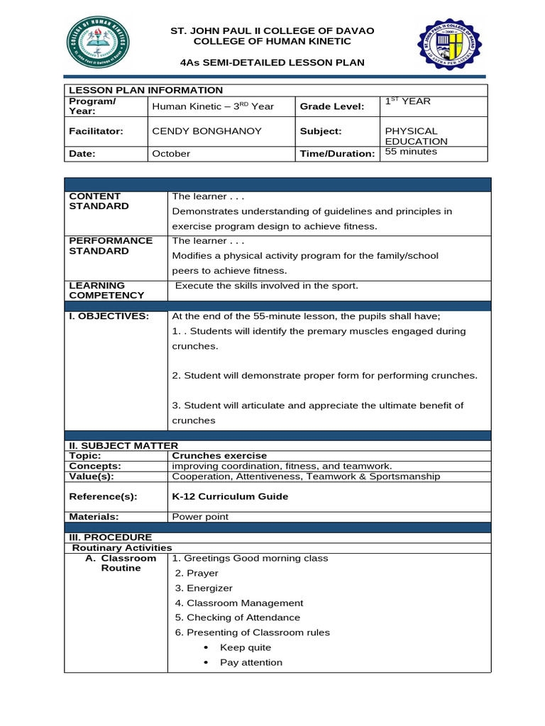 Crunches Lesson Plan for PE Class | PDF | Lesson Plan | Learning