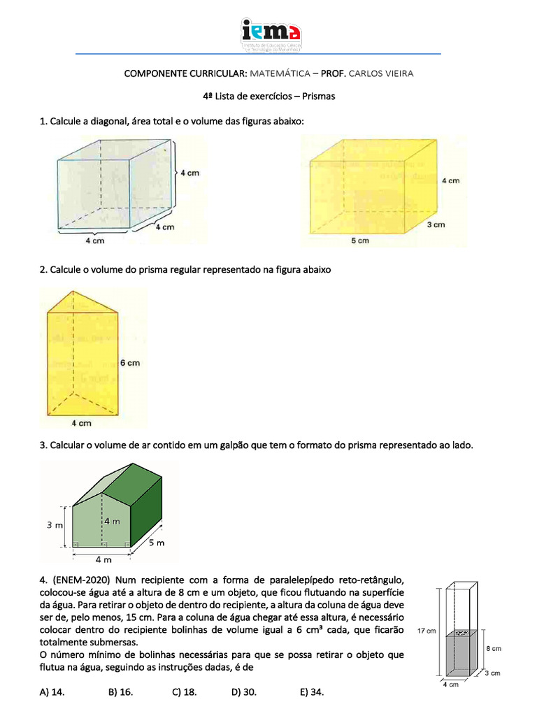 Exercícios de Prismas em Matemática | PDF