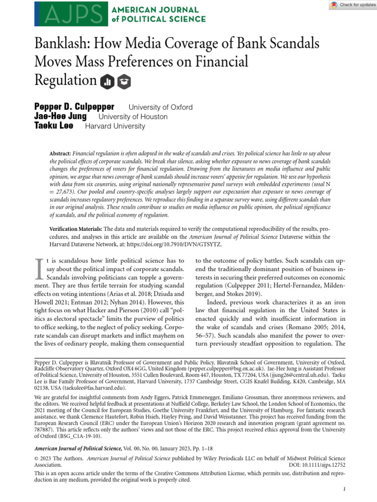 American J Political Sci - 2023 - Culpepper - Banklash How Media ...