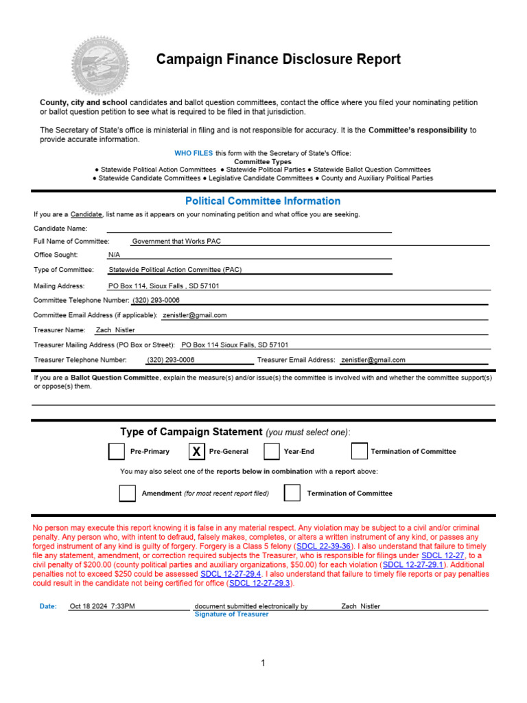 Campaign Finance Disclosure Report | PDF | Political Action Committee ...