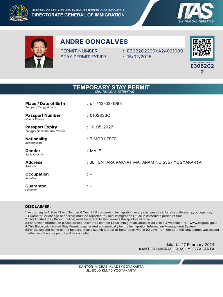Andre Goncalves: Permit Number: E30B2C2200YA240210891 Stay Permit ...