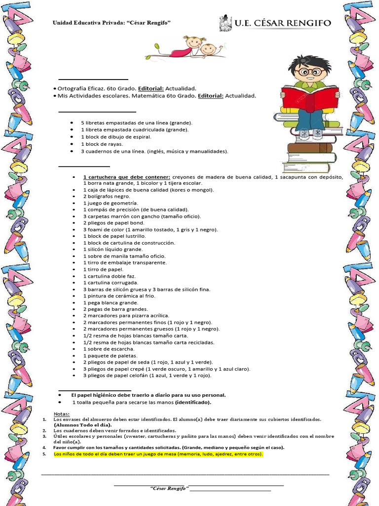 Útiles Escolares 6° Grado 2024-2025 | PDF